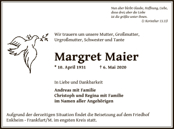 Traueranzeige von Margret Maier von OF