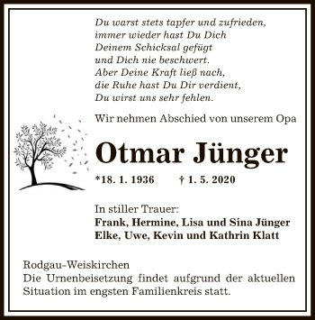 Traueranzeige von Otmar Jünger von OF