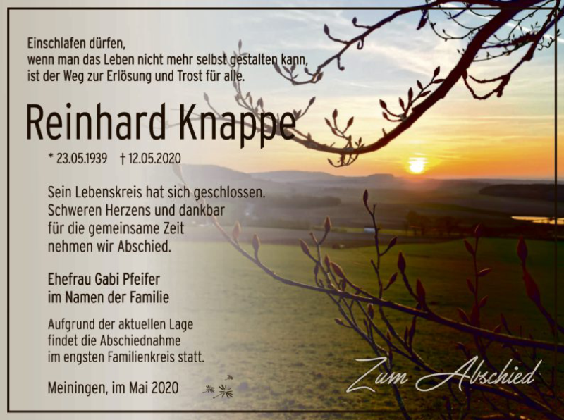  Traueranzeige für Reinhard Knappe vom 21.05.2020 aus OF