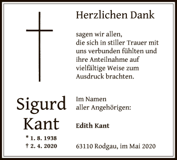 Traueranzeige von Sigurd Kant von OF