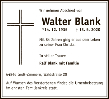 Traueranzeige von Walter Blank von OF