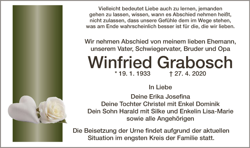  Traueranzeige für Winfried Grabosch vom 02.05.2020 aus OF