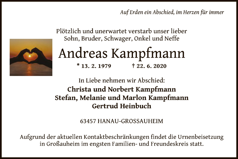  Traueranzeige für Andreas Kampfmann vom 27.06.2020 aus OF