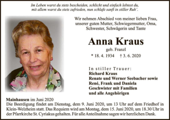 Traueranzeige von Anna Kraus von OF