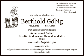 Traueranzeige von Berthold Göbig von OF