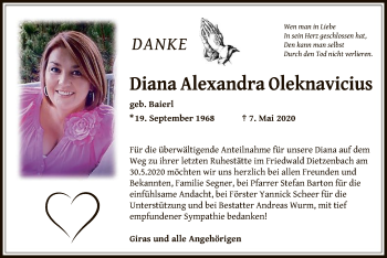 Traueranzeige von Diana Alexandra Oleknavicius von OF