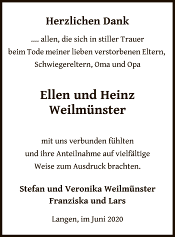 Traueranzeige von Ellen und Heinz Weilmünster von OF