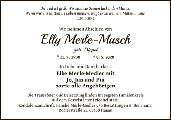 Traueranzeige von Elly Merle-Musch von OF