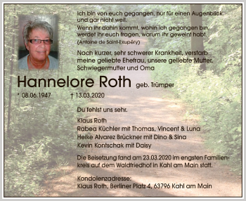 Traueranzeige von Hannelore Roth von OF