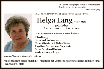 Traueranzeige von Helga Lang von OF