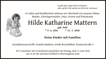 Traueranzeige von Hilde Katharine Mattern von OF