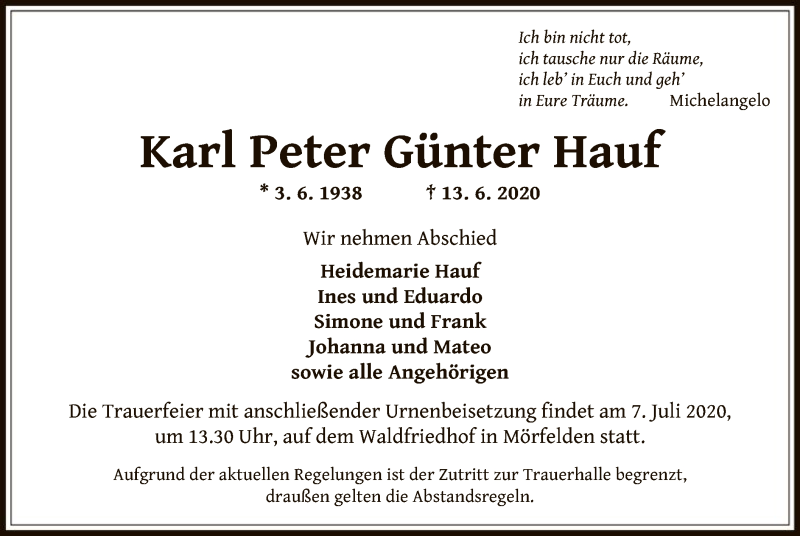  Traueranzeige für Karl Peter Günter Hauf vom 25.06.2020 aus OF