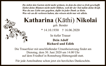 Traueranzeige von Katharina Nikolai von OF