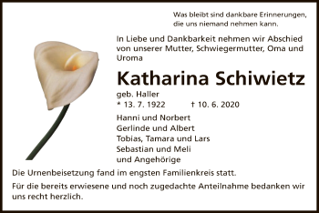 Traueranzeige von Katharina Schiwietz von OF