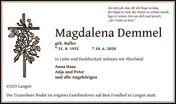 Traueranzeige von Magdalena Demmel von OF