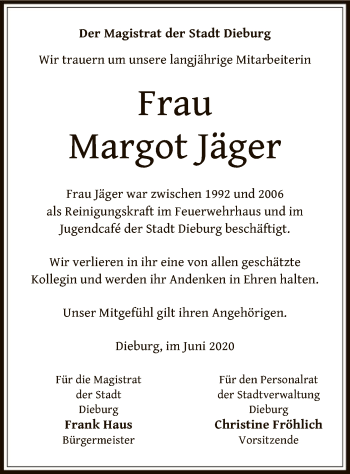 Traueranzeige von Margot Jäger von OF