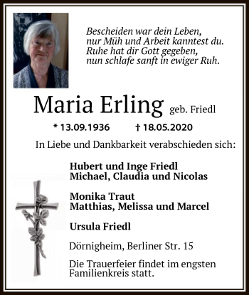 Traueranzeige von Maria Erling von OF