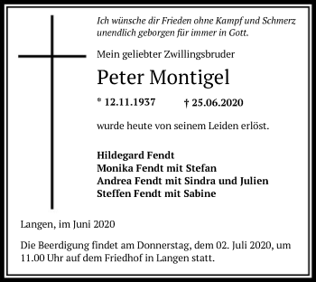 Traueranzeige von Peter Montigel von OF