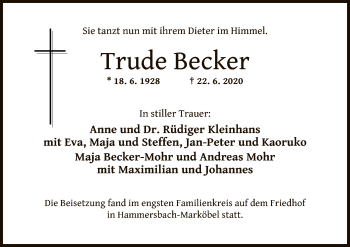 Traueranzeige von Trude Becker von OF