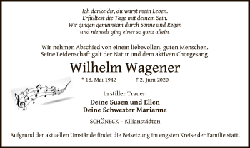 Traueranzeige von Wilhelm Wagener von OF