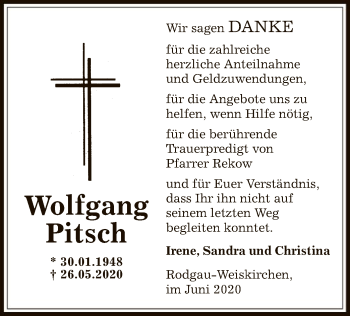 Traueranzeige von Wolfgang Pitsch von OF