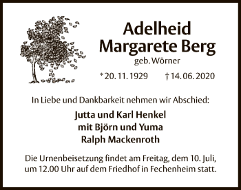 Traueranzeige von Adelheid Margarete Berg von OF