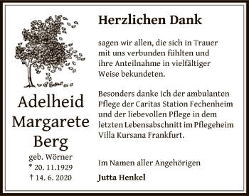 Traueranzeige von Adelheid Margarete Berg von OF