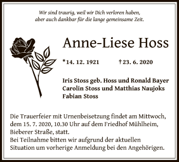 Traueranzeige von Anne-Liese Hoss von OF