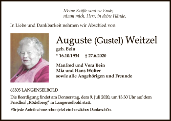 Traueranzeige von Auguste Weitzel von OF