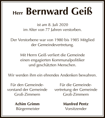 Traueranzeige von Bernward Geiß von OF