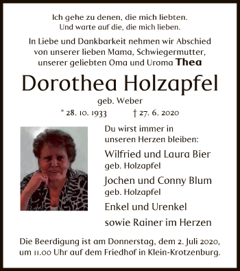 Traueranzeige von Dorothea Holzapfel von OF