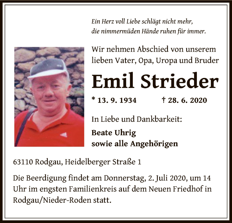  Traueranzeige für Emil Strieder vom 02.07.2020 aus OF