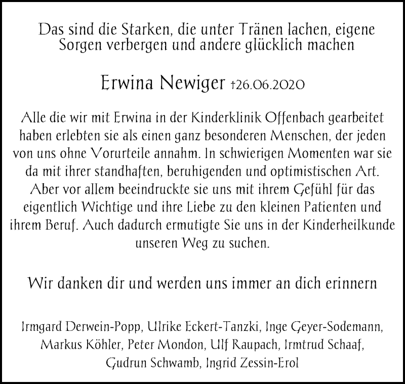  Traueranzeige für Erwina Newiger vom 11.07.2020 aus OF