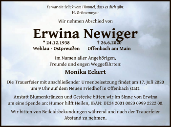 Traueranzeige von Erwina Newiger von OF