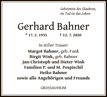 Traueranzeige von Gerhard Bahner von OF