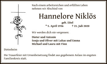 Traueranzeige von Hannelore Niklös von OF