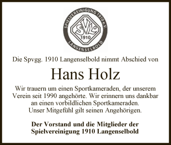 Traueranzeige von Hans Holz von OF