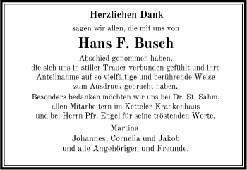 Traueranzeige von Hans F. Busch von OF