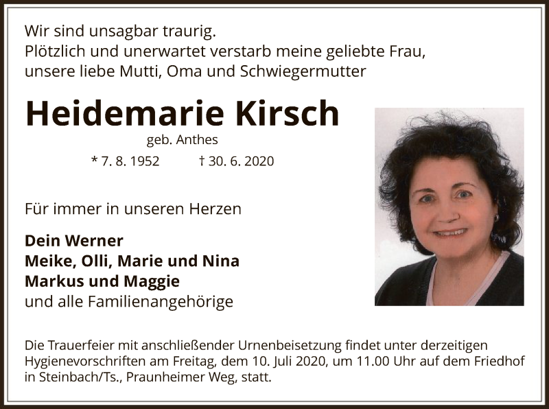  Traueranzeige für Heidemarie Kirsch vom 08.07.2020 aus OF