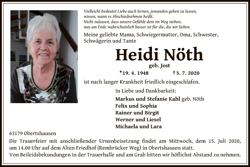  Traueranzeige für Heidi Nöth vom 11.07.2020 aus OF