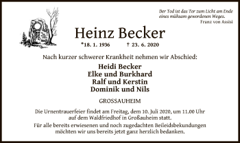 Traueranzeige von Heinz Becker von OF