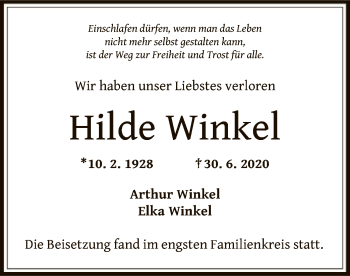 Traueranzeige von Hilde Winkel von OF