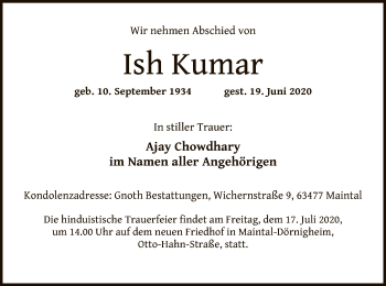 Traueranzeige von Ish Kumar von OF