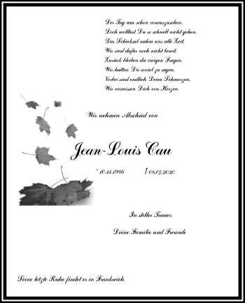 Traueranzeige von Jean-Louis Cau von OF