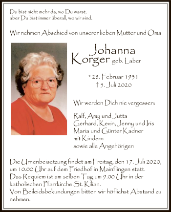 Traueranzeige von Johanna Korger von OF