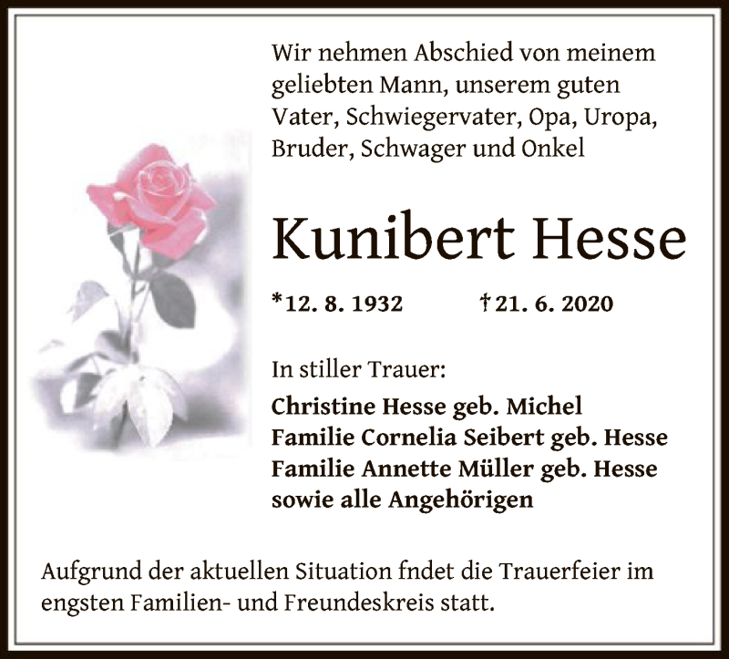  Traueranzeige für Kunibert Hesse vom 01.07.2020 aus OF