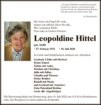 Traueranzeige von Leopoldine Hittel von OF