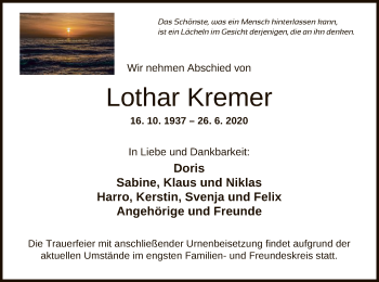 Traueranzeige von Lothar Kremer von OF