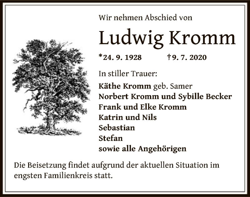  Traueranzeige für Ludwig Kromm vom 18.07.2020 aus OF