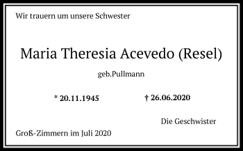 Traueranzeige von Maria Theresia Acevedo von OF